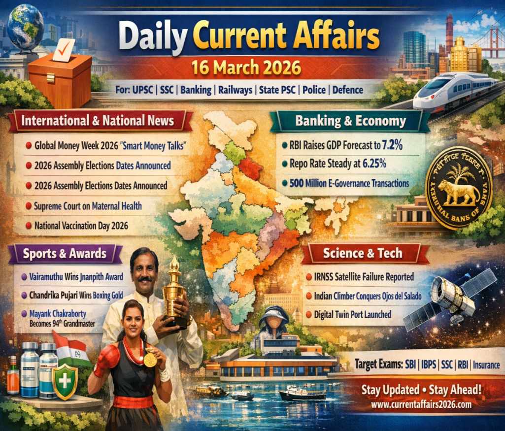 📅 Daily Current Affairs: 16 March 2026, Focus Domains: Banking, SSC, Railways, and State PSCs