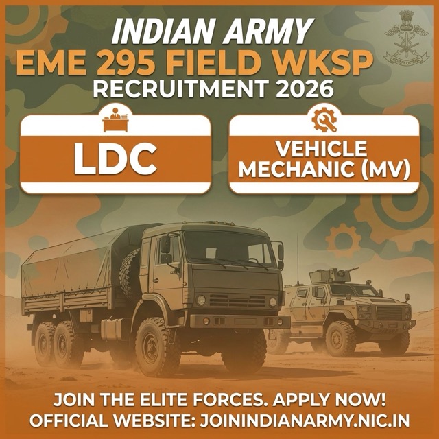Army EME 295 Field Wksp Recruitment 2026: Apply for LDC & VM Skilled Posts | CBC 10103/11/0026/2526