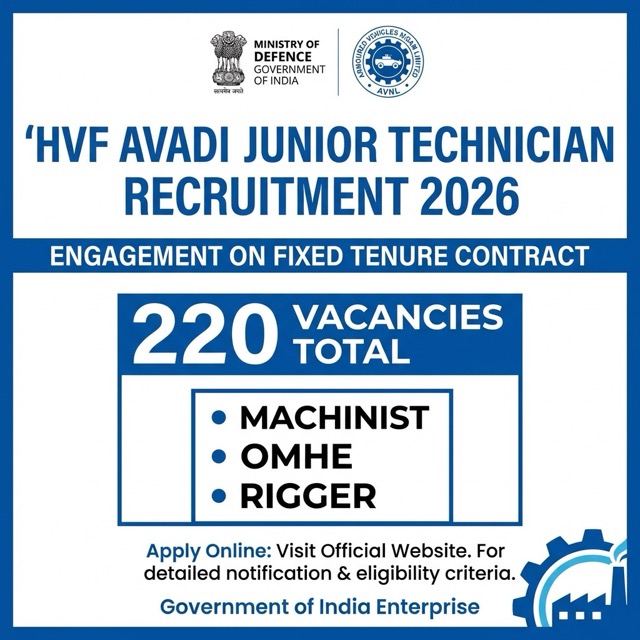 HVF Avadi Junior Technician Recruitment 2026: 220 Vacancies | Salary ₹21,000+ | Apply Offline
