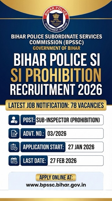 BPSSC Bihar Police SI Prohibition Recruitment 2026: 78 Posts | Apply Online | Advt 03/2026